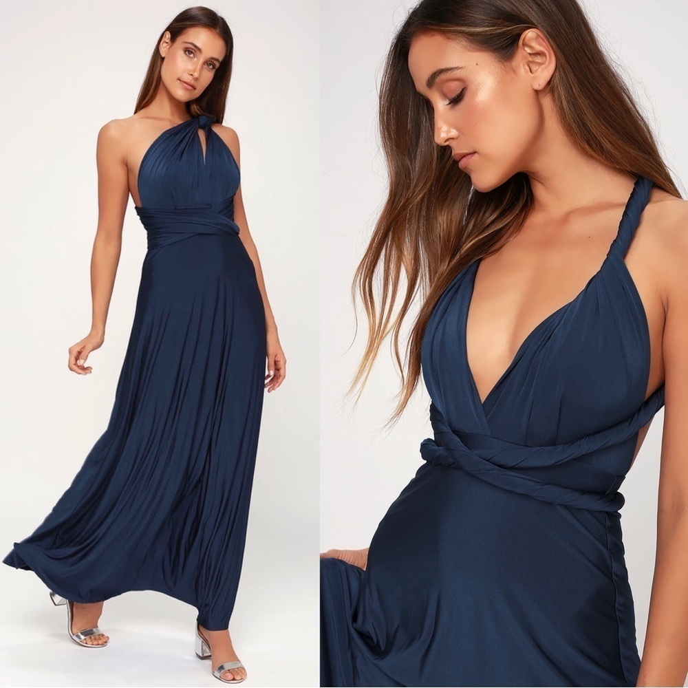 Lulu’s • Always Stunning Convertible Maxi Dress navy blue multi way bridesmaid
